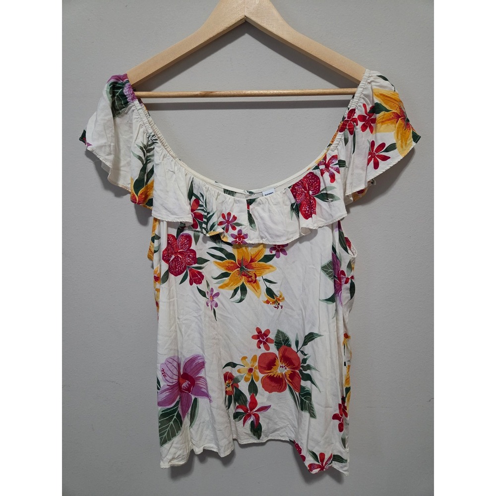 Old Navy Women XL Off The Shoulder Floral Ruffle Blouse Tropical Rayon Top White